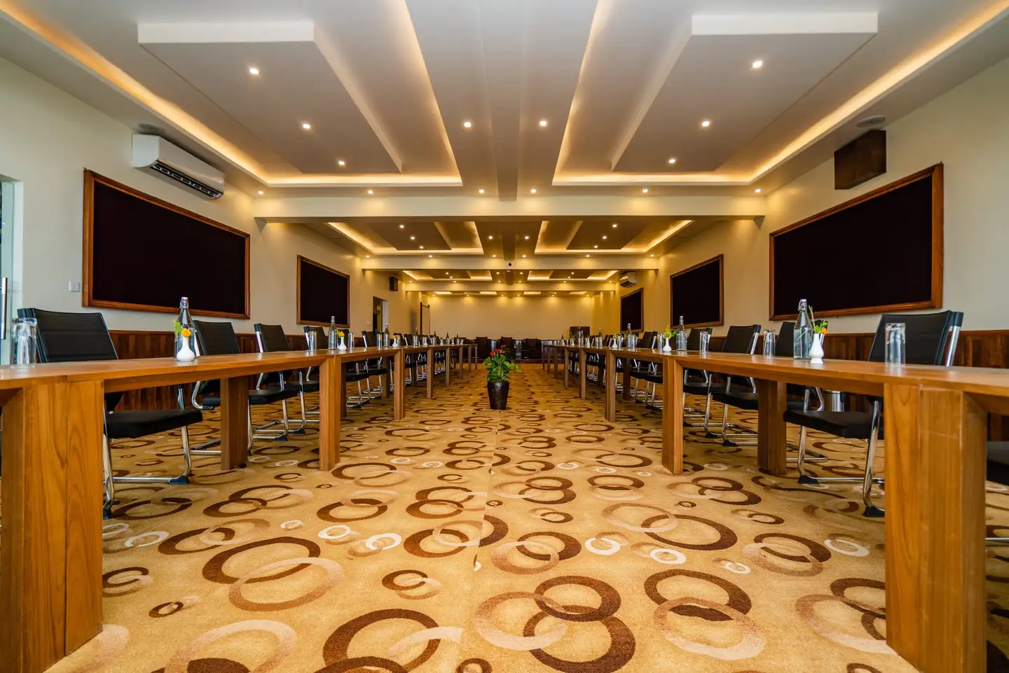 The Pine Hall laid out in a long U-shape for a conference