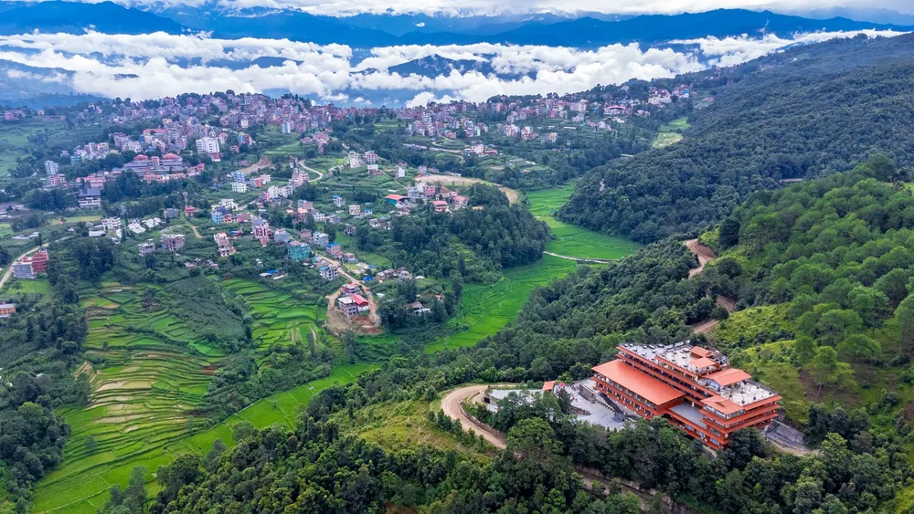 The resort on its forested spur
