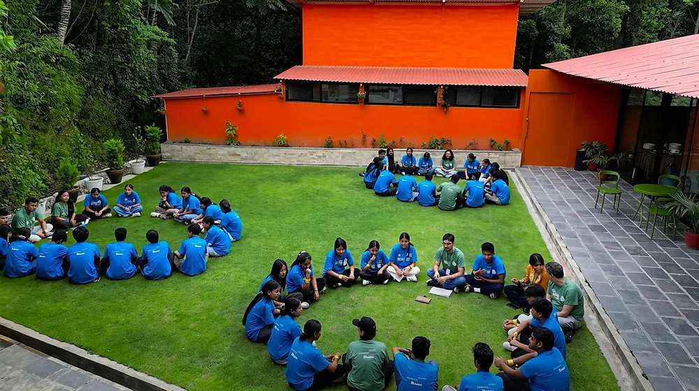 Groups seated in circles on the garden lawn for outdoor breakout sessions