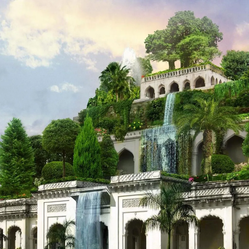 An artist's rendering of the Hanging Gardens of Babylon: tiered white arcades draped in greenery, waterfalls spilling between palm-lined terraces