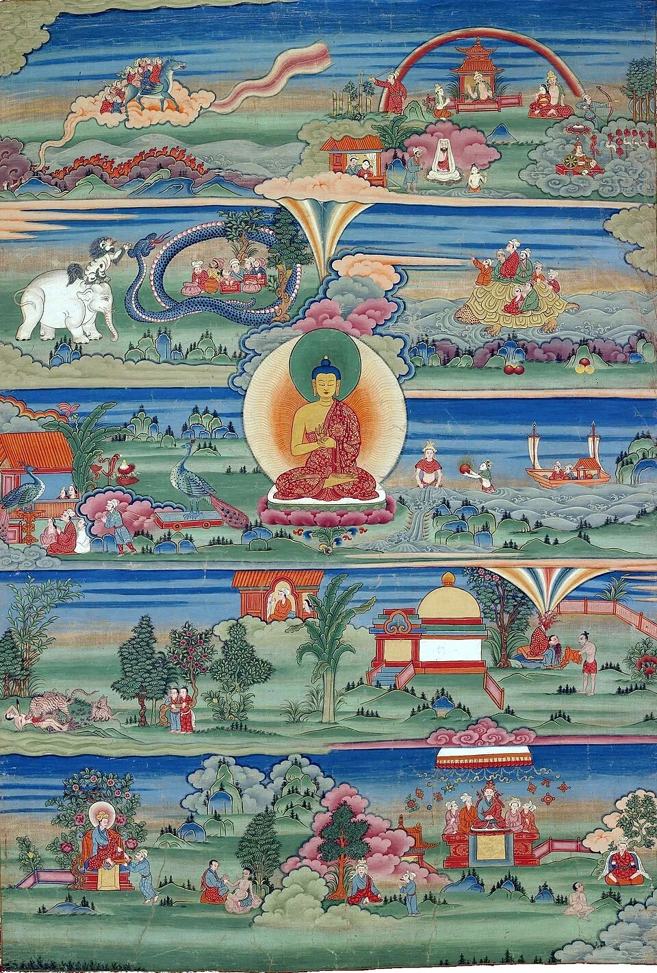 A thangka painting of the Jataka tales: the Buddha enthroned at the centre amid episode scenes of elephants, rivers, shrines and forest life
