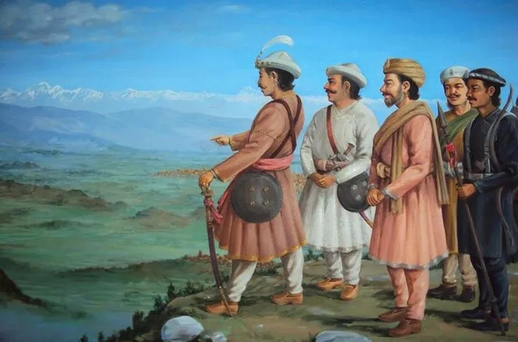 A painting of Prithvi Narayan Shah pointing across the valley toward the snow line, his men beside him on the ridge