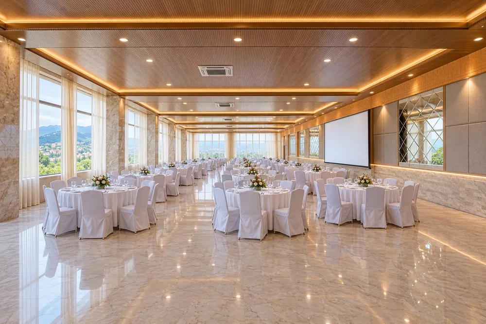 Pine Hall laid for a banquet: round tables in white cloths with white-covered chairs and flower centrepieces across a polished marble floor, a slatted timber ceiling in lit coves above, a projection screen on the panelled right-hand wall and sheer-curtained windows down the left onto the green hills