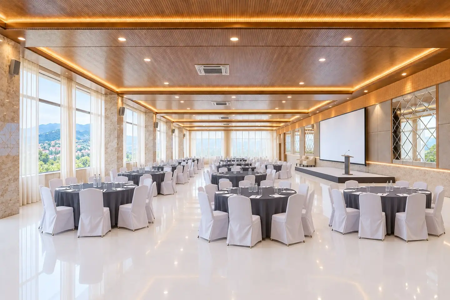 A long hall under a slatted timber ceiling with lit coves, set for a conference: round tables in charcoal linen with white-covered chairs, water bottles and notepads at every place, a screen and lectern on a low stage to the right, sheer curtains along a window wall onto the valley