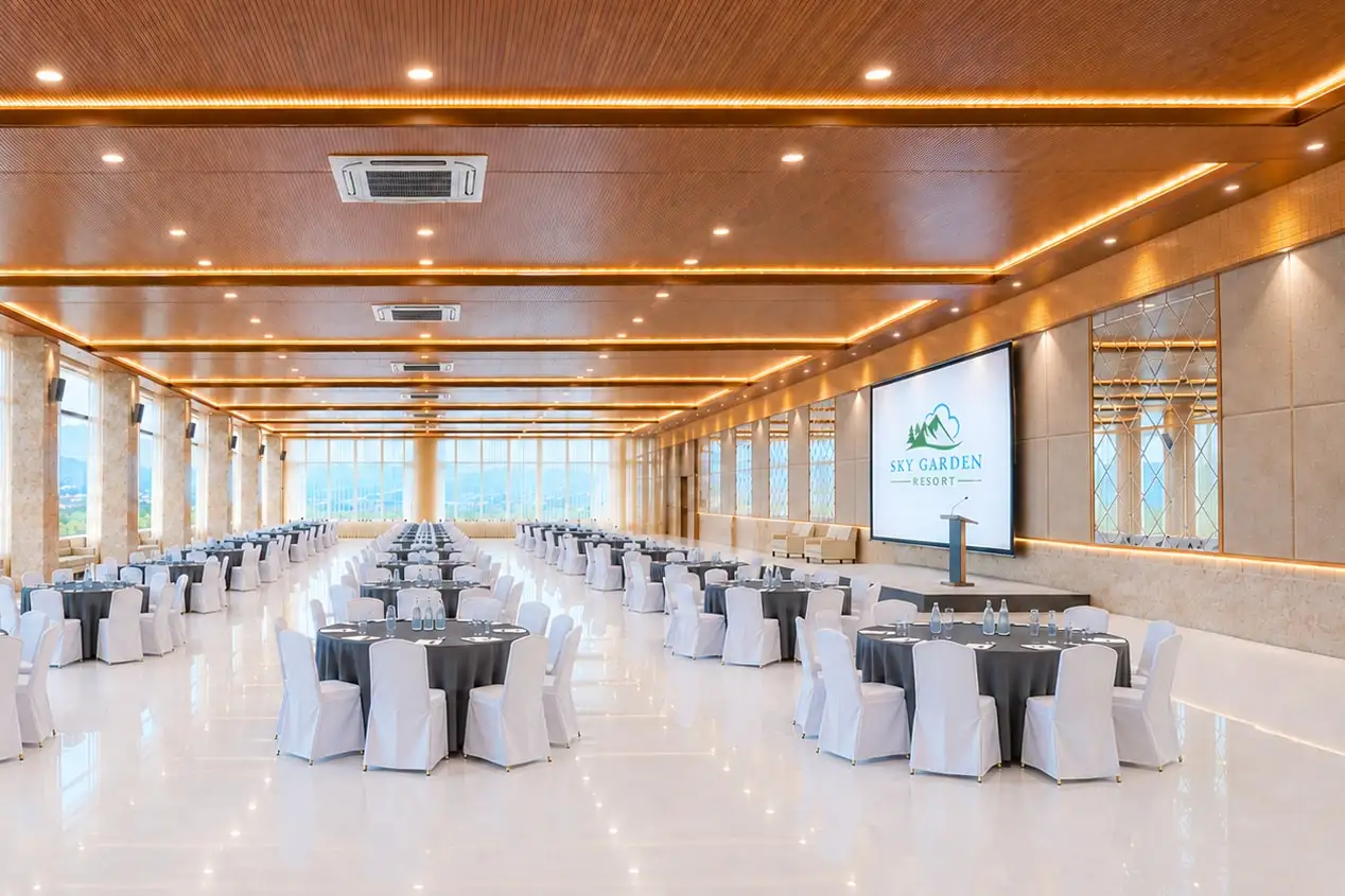 A long hall under a slatted timber ceiling with lit coves, set with round tables in charcoal linen and white-covered chairs, water bottles on every table, a screen showing the resort logo and a lectern on a low stage to the right, window walls onto the valley at the far end