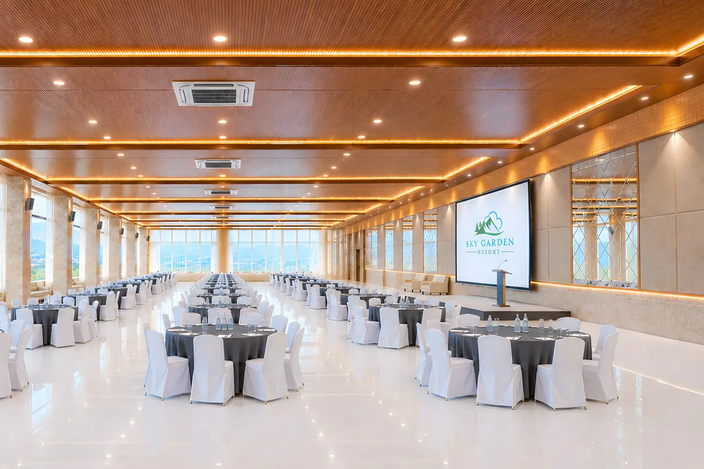 A long hall under a slatted timber ceiling with lit coves, set with round tables in charcoal linen and white-covered chairs, water bottles on every table, a screen showing the resort logo and a lectern on a low stage to the right, window walls onto the valley at the far end