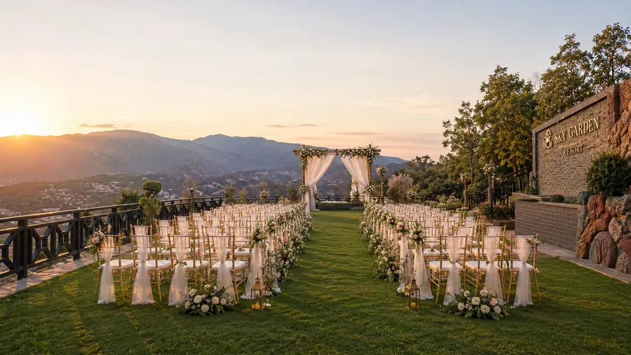 The wedding garden at sunset: rows of gold chiavari chairs dressed in white voile flanking a grass aisle lined with flowers and lanterns, a white-draped floral arch at the railing, and the sun setting over the hills and valley beyond